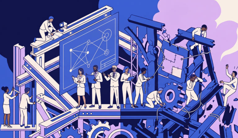 Illustration of a capable professional team actively repairing a visibly broken structural system around them.