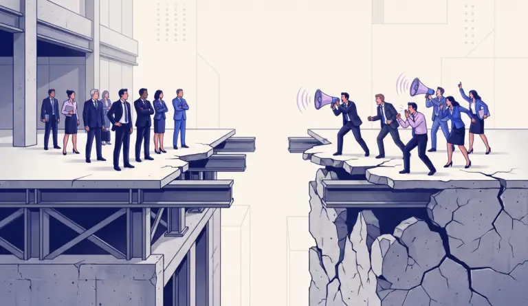 Illustration of team members trying to communicate across a misaligned foundation, showing that structure must be fixed first.