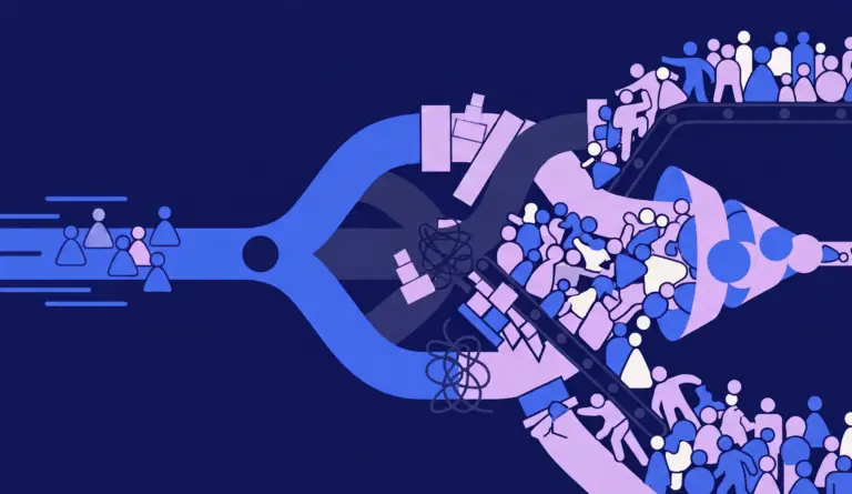 Illustration of a large, expanded company team where the increased size creates a visible bottleneck and slows down workflow.