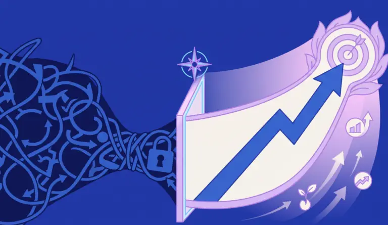 Illustration showing restrictive control opening into expansive growth, symbolizing a founder delegating to scale.
